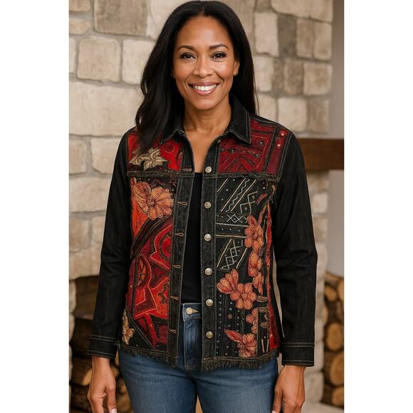 CHICO’S vintage heavy beaded embroidered embellished jean jacket US size 4 - Picture 1 of 8